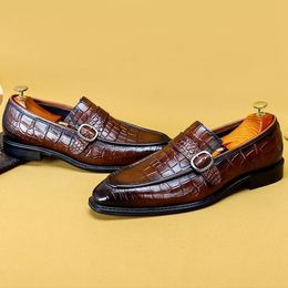 Chaussures de luxe en cuir véritable pour hommes, chaussures formelles à motif, bout pointu, sangle de moine, mocassins décontractés faits à la main