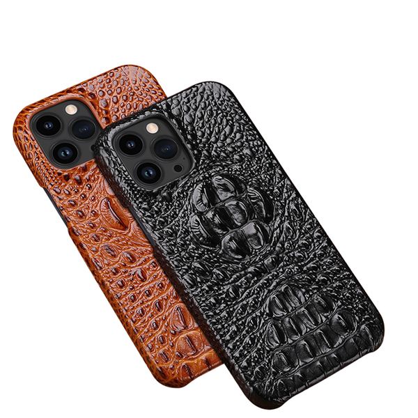 Coque de téléphone de luxe en cuir véritable Vogue pour iPhone 15 Plus 14 13 12 11 Pro Max XR XS robuste protection complète motif tête de crocodile 3D couverture arrière en peau de vache antichoc