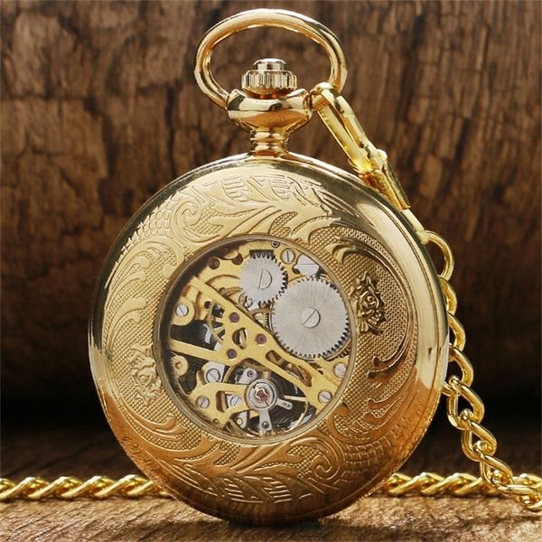 Cadeau de luxe Montre de poche en or Vintage Pendentif Montre Collier Chaîne Antique Fob Montres Numéro Romain Horloge Poche Relogio bolso T200502