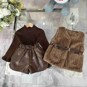 Survêtement de luxe pour fille, vêtements de styliste pour bébé, taille 100 à 140, gilet en fausse fourrure, chemise à base en tissu tricoté, short en cuir, Nov25