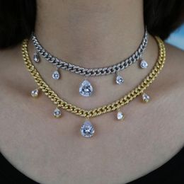 Luxury Girlfriend Lover Gift Bijoux Water Drop coeur cz charme Iced Out Bling 5a CZ Miami Cuban Chain Chain Choker Collier Jewelry 209J