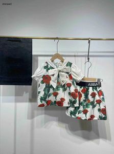Luxe trainingspakken voor meisjes Katoenen kinderkostuums Maat 110-160 T-shirt met strikkraag, lantaarnmouwen en rok met bloemenprint Jan10