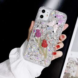 Luxe glitter bling diamant roze bloemenkas voor iPhone 15 14 Pro max 13 11 12 x xs xr 7 8 14 plus hard kristal vierkant telefoonhoes