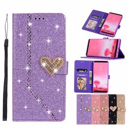 Glitter Folio Flip Love Heart Bling Lederen Portemonnee Case voor Samsung A10 A20 A30 A40 A50 A70 A20E S7 S8 S9 Plus Note8 Note9 J330 J530