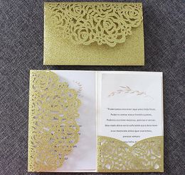 Invitaciones de boda de oro con purpurina de lujo, sobre transparente, inserciones personalizadas, corte por láser, bolsillo para fiesta, invitno interior no247r