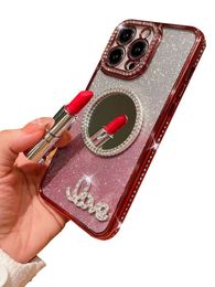 Luxe glitter gradiënt Rhinestone Phone Case met ronde make -upspiegel voor iPhone 14 Pro Max 13 12 11 XS XR Fashion Ladies Diamond Cover Shockproof Anti Drop