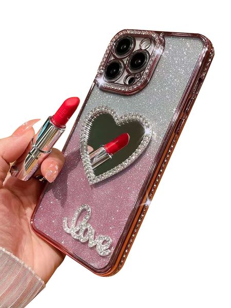 Étui de téléphone de strass dégradé de paillettes de luxe avec miroir de maquillage de coeur d'amour pour l'iphone 14 Pro Max 13 12 11 Xs XR 8 7 mode dames couverture de diamant antichoc anti-chute