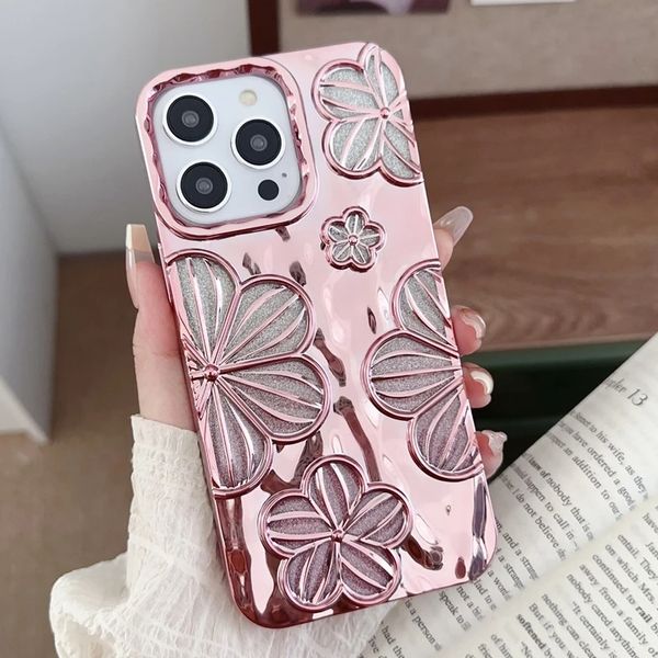 Funda de teléfono de lujo con revestimiento de flores y purpurina para iPhone 15, 14, 13, 12, 11 Pro Max, funda de silicona suave ostentosa a prueba de golpes para iPhone 15Pro