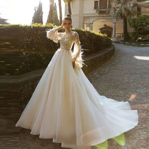 Luxe glitterprinses trouwjurk lange mouwen kanten applicaties rugloze vloerlengte bruidsjurken vestidos de novia