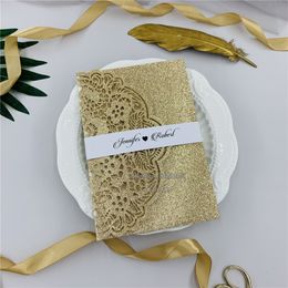 Glitter de luxe Gold Gold Tri-Fold Tri-pli Cut De Wedding Wedding Invitations de mariage avec carte RSVP BULLY BULLY, LASER Invite pour événement de mariages