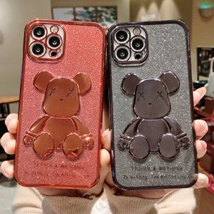 Cas de téléphone de luxe Glitter Violent Bear pour iPhone 11 12 13 Pro Max X Xs Xr 7 8 Plus SE 11Pro 13Pro Designer Electroplate Clear Cover