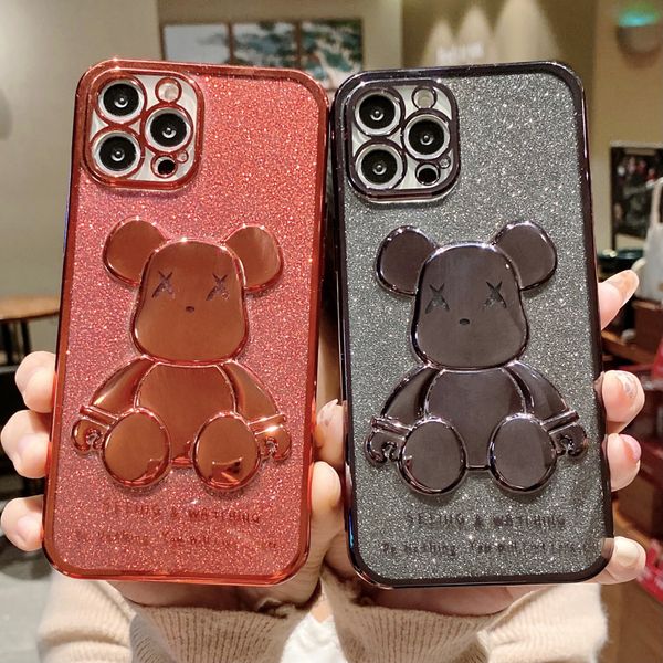 Funda de teléfono de oso violento con purpurina de lujo para iPhone 11 12 13 Pro Max X Xs Xr 7 8 Plus SE 11Pro 13Pro, funda transparente de diseñador electrochapada