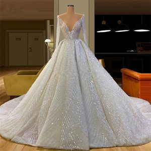 Luxury Glitter Wedding Dress Deep V Neck Long Sleeves Couture Bridal Gowns Islamic Turkish Kaftans Saudi Arabia robe de mariée