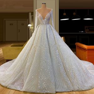 Robes de mariée de luxe à paillettes, col en V profond, manches longues, magnifique robe de mariée de Dubaï, paillettes scintillantes, robes de soirée en cristal261N