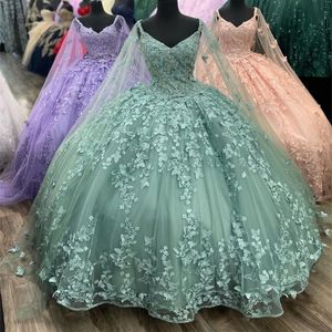 Robes De Quinceanera vert sauge scintillantes De luxe, col en v avec cape, dentelle papillon, robes De bal De fête d'anniversaire De 15 ans