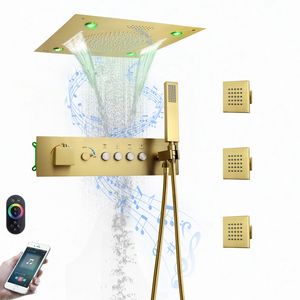 Pseudonyme de douche LED de 16 pouces en or de luxe avec haut-parleur de la musique Rain cascade de salle de bain thermostatique