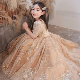 Lujo dorado 2023 vestidos de flores para niñas para boda con cuentas vestidos de desfile para niños pequeños vestido largo de baile vestido de primera comunión