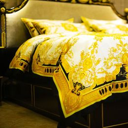 Luxury Gold 5pcs Gold King Queen Size Juegos de cama 100 Algodón Tejido Estilo europeo Funda de edredón Fundas de almohada Sábana Edredón Fundas de edredón conjunto