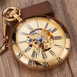 Luxury Gold Automatic Mechanical Pocket Watch Retro Copper Watches Roman Numerals Cadena Fob Pendants Men Mujeres RELOJ DE BOLSILLO 240327