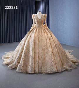 Robe de soirée de luxe dorée, manches longues, col en v, perles, SM222231