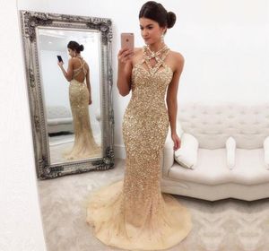 Luxe gouden kralen kristal zeemeermin prom -jurken 2017 op maat gemaakte avondberoemde jurken sweep trein unieke halslijn mouwess3522768