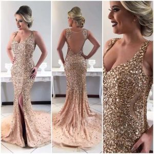 Luxe gouden kralen Rhinestone prom -jurken Mermaid Split Long Prom Jurns Vrouwen Evening Pageant Dress Custom Made Made Made