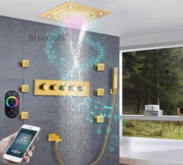 Juego de ducha empotrada en el techo dorado de lujo, cabezal de ducha termostático LED de acero inoxidable 304 de 16 pulgadas con lluvia y cascada con música Spe4887077