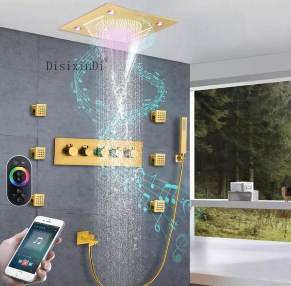 Juego de ducha empotrada en el techo dorado de lujo, cabezal de ducha termostático LED de acero inoxidable 304 de 16 pulgadas con lluvia y cascada con música Spe2033522