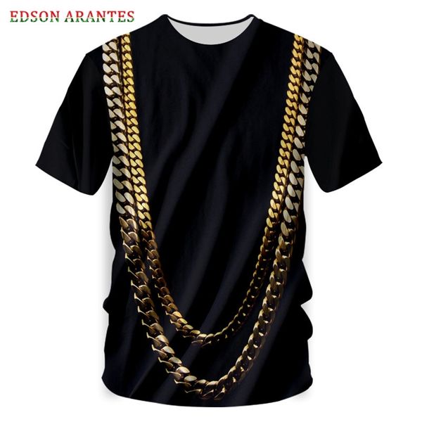 Cadena de oro de lujo Camiseta con estampado 3D para hombre Moda Hip Hop Streetwear Camiseta Verano Camiseta negra Divertida manga corta Camisetas personalizadas 220619