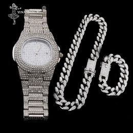 Luxe Goud Kleur Horloge Crystal Miami Out Cubaanse Ketting Goud Zilver Mannen Horloge Ketting Armband Hip Hop Jewerl Voor mannen 2CM236a