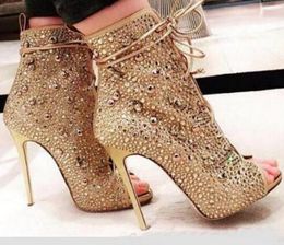 Bottines de luxe en cristal doré pour femmes, chaussures courtes à lacets à bout ouvert, sandales gladiateur à talons hauts, taille 10