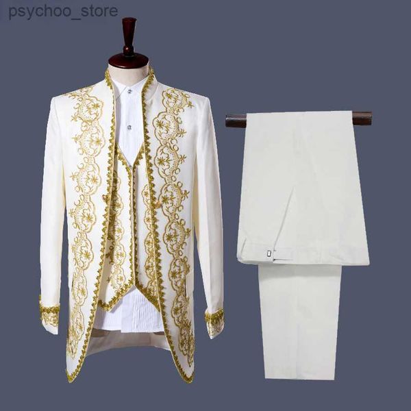 Traje blanco bordado de oro de lujo para hombre, cuello alto, chaqueta de 3 piezas para hombre, etapa de graduación, boda, novios, cantante, viene chaqueta Homme Q230828