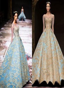 Luxe gouden kant -jurken met lange mouwen Vintage hemelsblauw Michael Cinco Sheer Neck Saoedi -Arabië Plus size gelegenheid prom jurk3987954