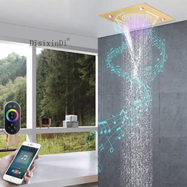 Pomme de douche à LED en or de luxe Sus304 Spa de cascade montée sur le plafond 16 pouces avec robinet de douche en haut-parleur de musique