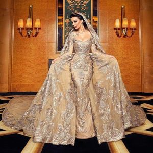 Robes de mariée en dentelle de sirène d'or de luxe avec train détachable col en V Appliqued robes de mariée perlées manches longues robes en organza de 3024