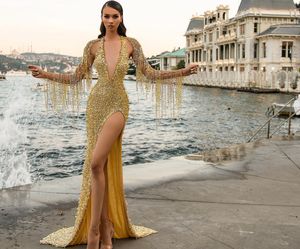 Luxe goud zeemeermin prom jurken kralen lovertjes verdeeld feestjurken diep v nek kwastjes op maat gemaakte avondjurk