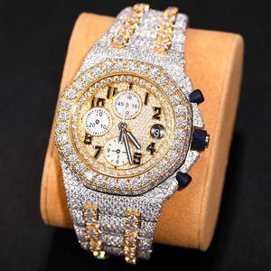 Lujo chapado en oro Iced Out Wrist 925 Sterling Sier VVS Moissanite Diamond Hip Hop Reloj de cuarzo para Men86RJ