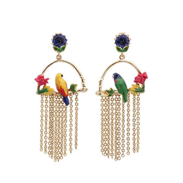 Bijoux de luxe plaqués or pour femmes, boucles d'oreilles asymétriques avec pompon perroquet, Design de marque, en émail, oiseau