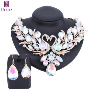 Luxe plaqué or rouge cristal nouveau Collier Femme Double cygne déclaration Collier boucle d'oreille pour les femmes fête mariage ensemble de bijoux