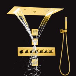 Luxe gouden gepolijste thermostatische douchemixer 70x38 cm LED Badkamer High Flow Waterfall Regenval verborgen douchesysteem