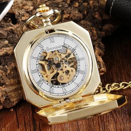 Luxury Gold Polygon Design Mechanical Pocket Watch with Fob Skeleton Steampunk Hand Wind Mens con 240327