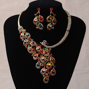 Conjuntos de joyería nupcial de pavo real con diamantes de imitación de oro de lujo, collar con declaración de cristal plateado, pendientes, conjunto de joyería de boda Y200602