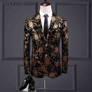 Luxe Gold Rose Floral Bronzage Velours Tuxedo Blazer Hommes Marque Slim Fit Robe Blazers Mens Wedding Party Prom Blazer Hombre 5XL 210522