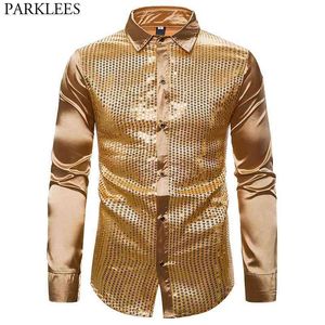 Luxe Gold Sequin Silk Jurk Shirts Mannen Lange Mouw Button Down Disco Dancer Shirt voor Male Chemise Stage Party Prom Costume 210522