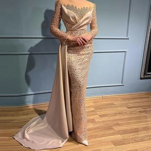 Luxury Gold Sequin Mermaid Formal Evening Dresses 2023 with Long Sleeves Overskirt Train Sparkly Plus Size Formal Prom Party Gowns