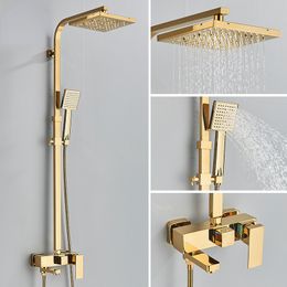 Luxury Gold Set Brass Rainfall Shower Dicamera de 3 vías Toque Montaje de pared Sistema de ducha de baño Kit de ducha giratoria de bañera