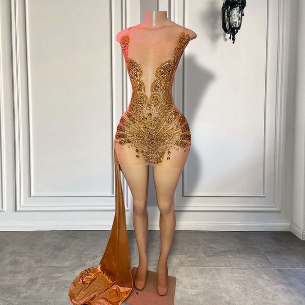Vestidos de fiesta cortos de oro de lujo 2023 Sexy Ver a través de malla transparente Con cuentas brillantes Mujeres africanas Vestidos de fiesta de cumpleaños Robe De Soiree Customed