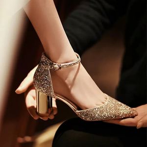 Luxe or argent paillettes talons hauts pompes femmes bout pointu bride à la cheville chaussures de mariage femme chaussures à talons épais 240228