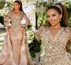 Vestidos de fiesta árabes de Dubai brillantes dorados de lujo con tren desmontable Perlas Rhinestones Vestidos de noche de celebridades con cuentas Mangas largas Vestido de segunda recepción CL1476