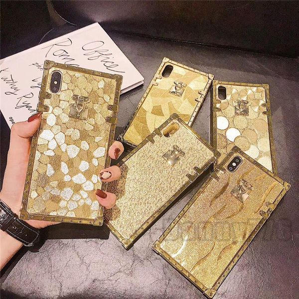 Étui de luxe avec rivets métalliques carrés dorés, coque arrière brillante pour iPhone 12 Pro XR XS MAX X 8 7 6 Samsung S20 S9 S10 Plus S10e